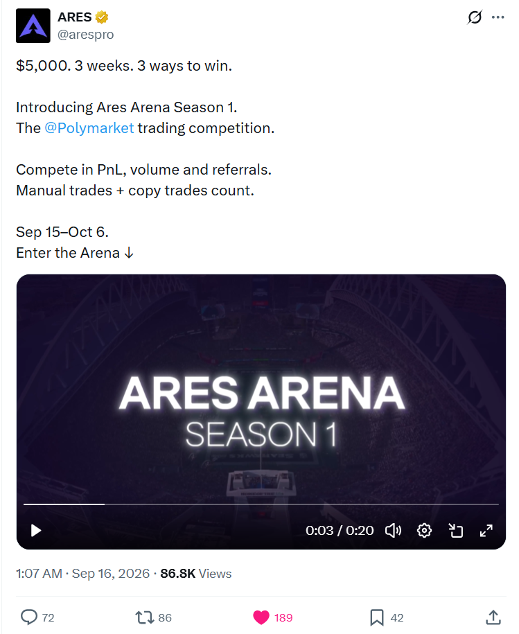 Full original Ares Arena Season 1 X post screenshot, including displayed views, likes, replies and reposts