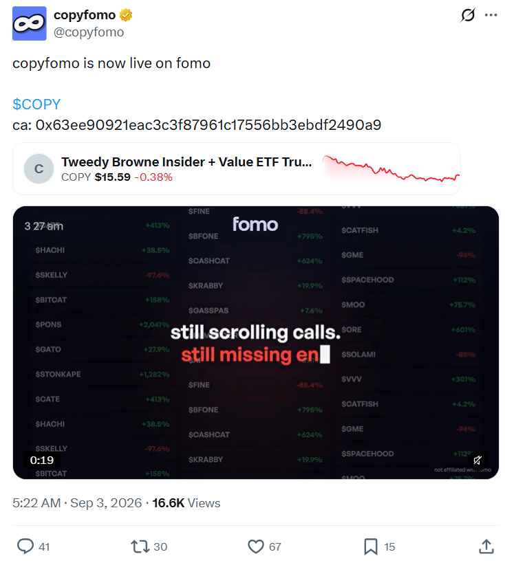 Full original copyfomo launch X post screenshot, including displayed views, likes, replies and reposts