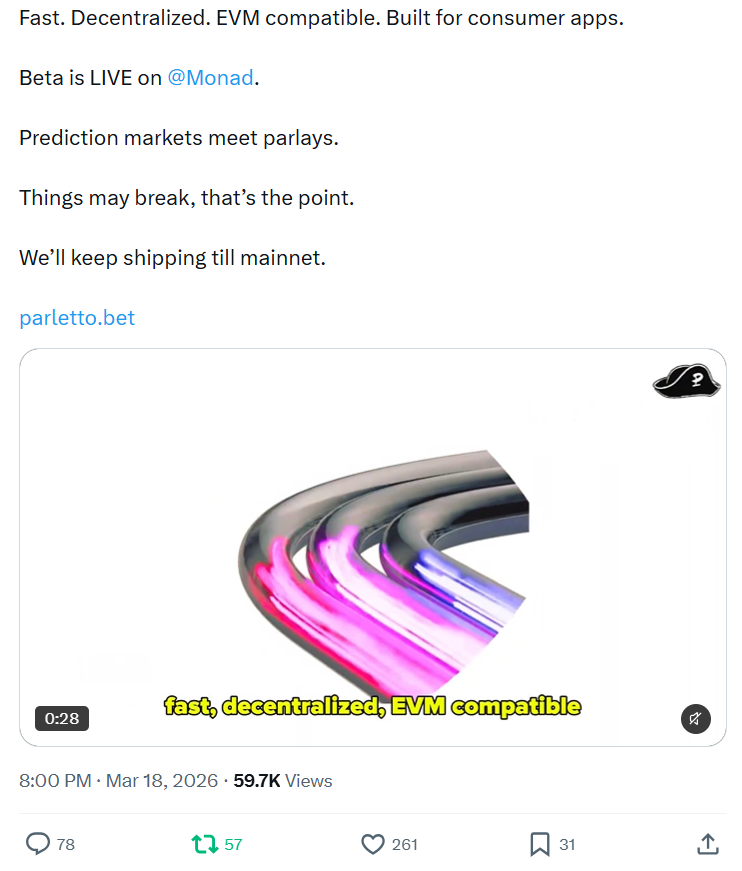 Full supplied Parletto X post screenshot, including the beta launch visual, displayed views, likes, replies and reposts